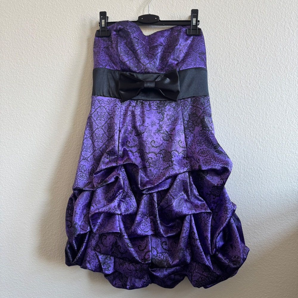 Purple Black Damask Strapless Bubble Hem Party Dress Sweetheart Bow Waist Sash